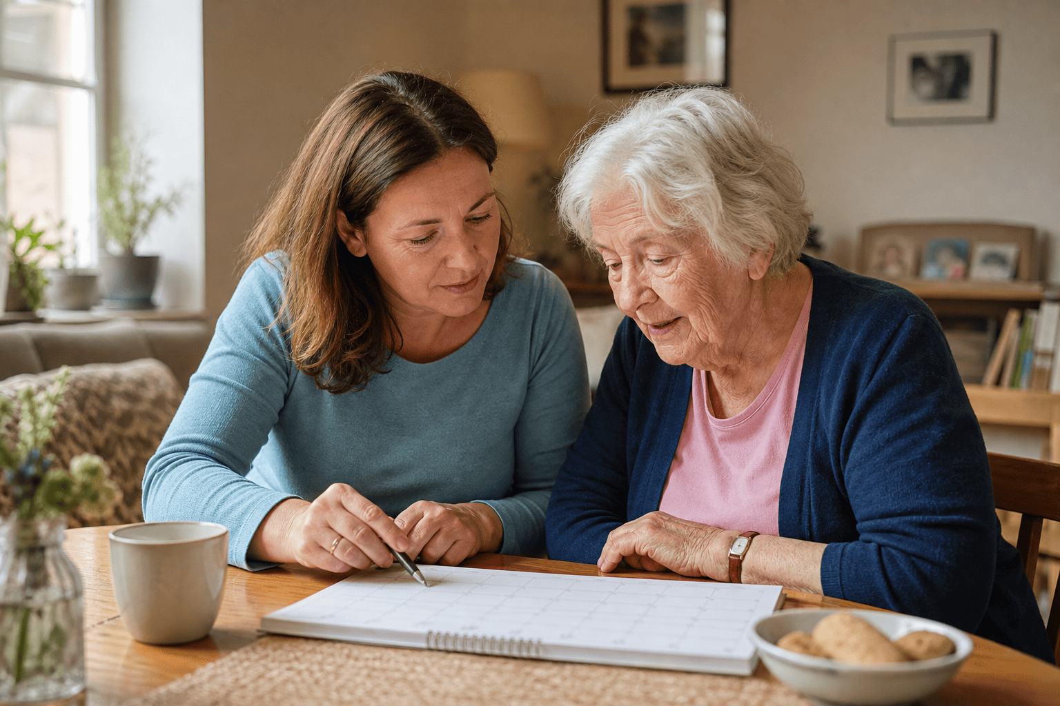 Angehörige und ältere Person planen Termine für die häusliche Pflege.
