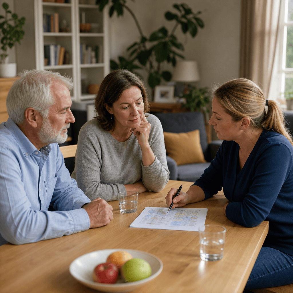 Angehörige und Beraterin besprechen einen Plan für die Betreuung zu Hause.