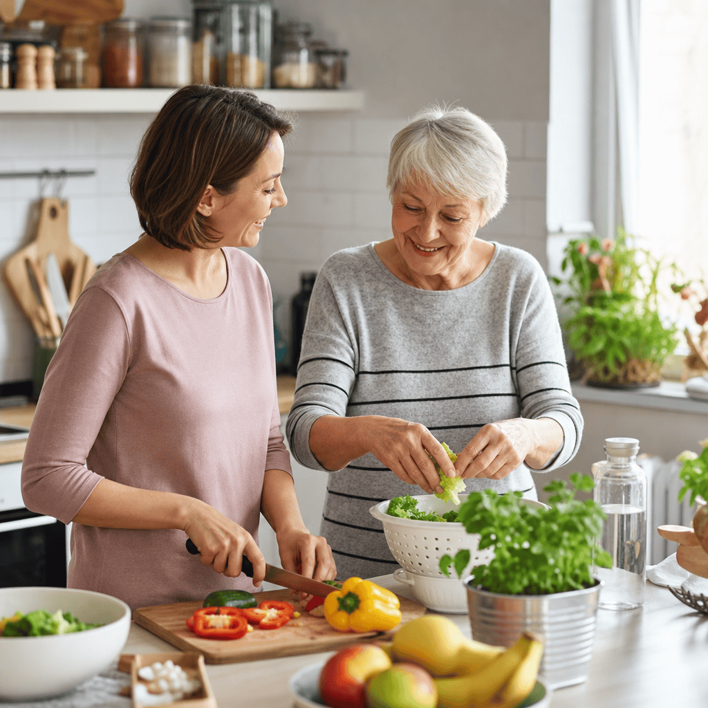 Ältere Person und Betreuungskraft bereiten gemeinsam eine Mahlzeit in einer Küche zu.