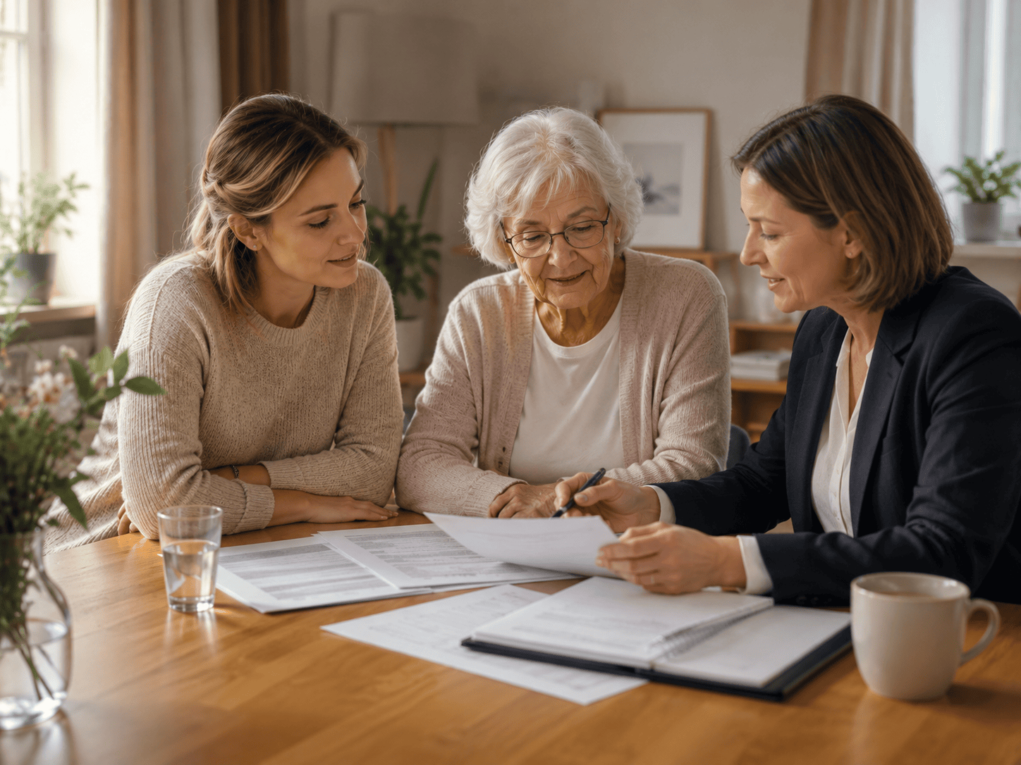 Angehörige besprechen Unterlagen und die Planung einer häuslichen Betreuung