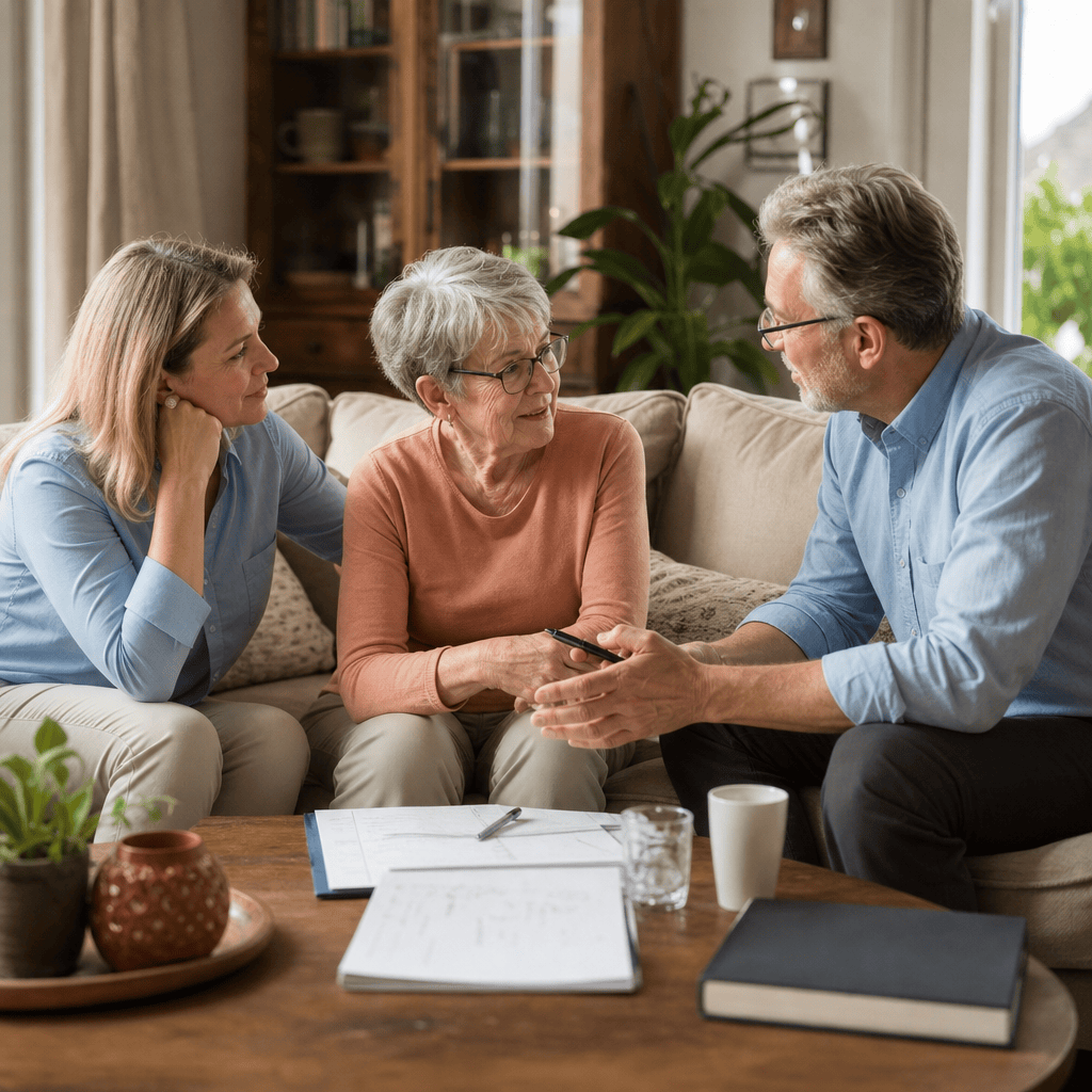 Angehörige und älteres Familienmitglied besprechen Unterstützung im Alltag.