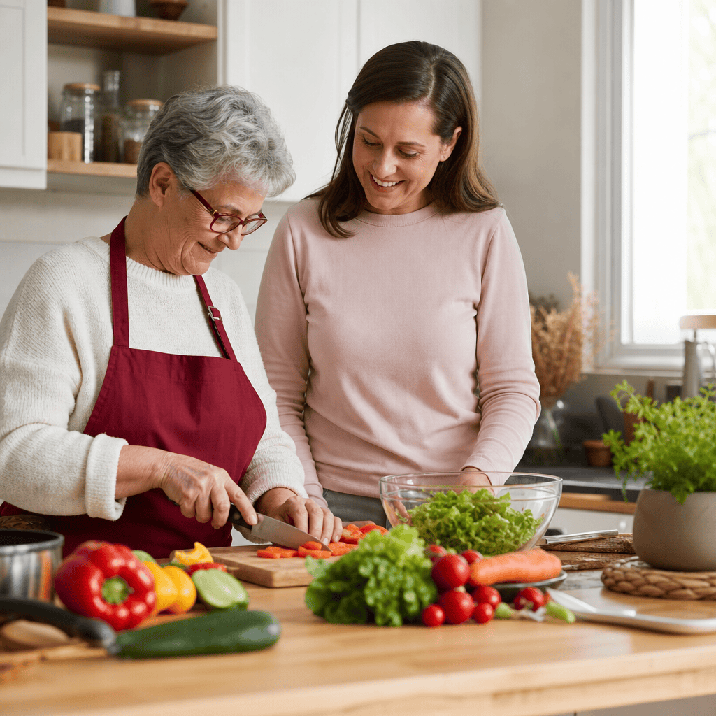 Betreuungskraft und ältere Person bereiten gemeinsam eine Mahlzeit zu.