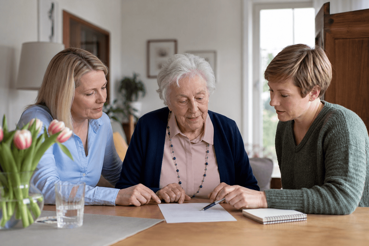 Angehörige und Alltagsbegleiterin besprechen eine schriftliche Vereinbarung