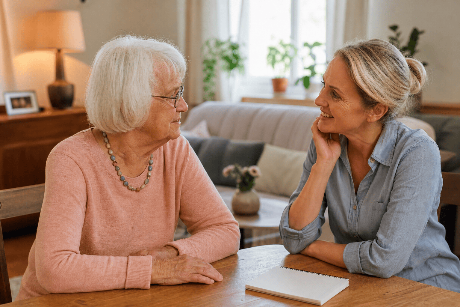 Ältere Frau und Angehörige besprechen gemeinsam Unterstützung im Alltag.