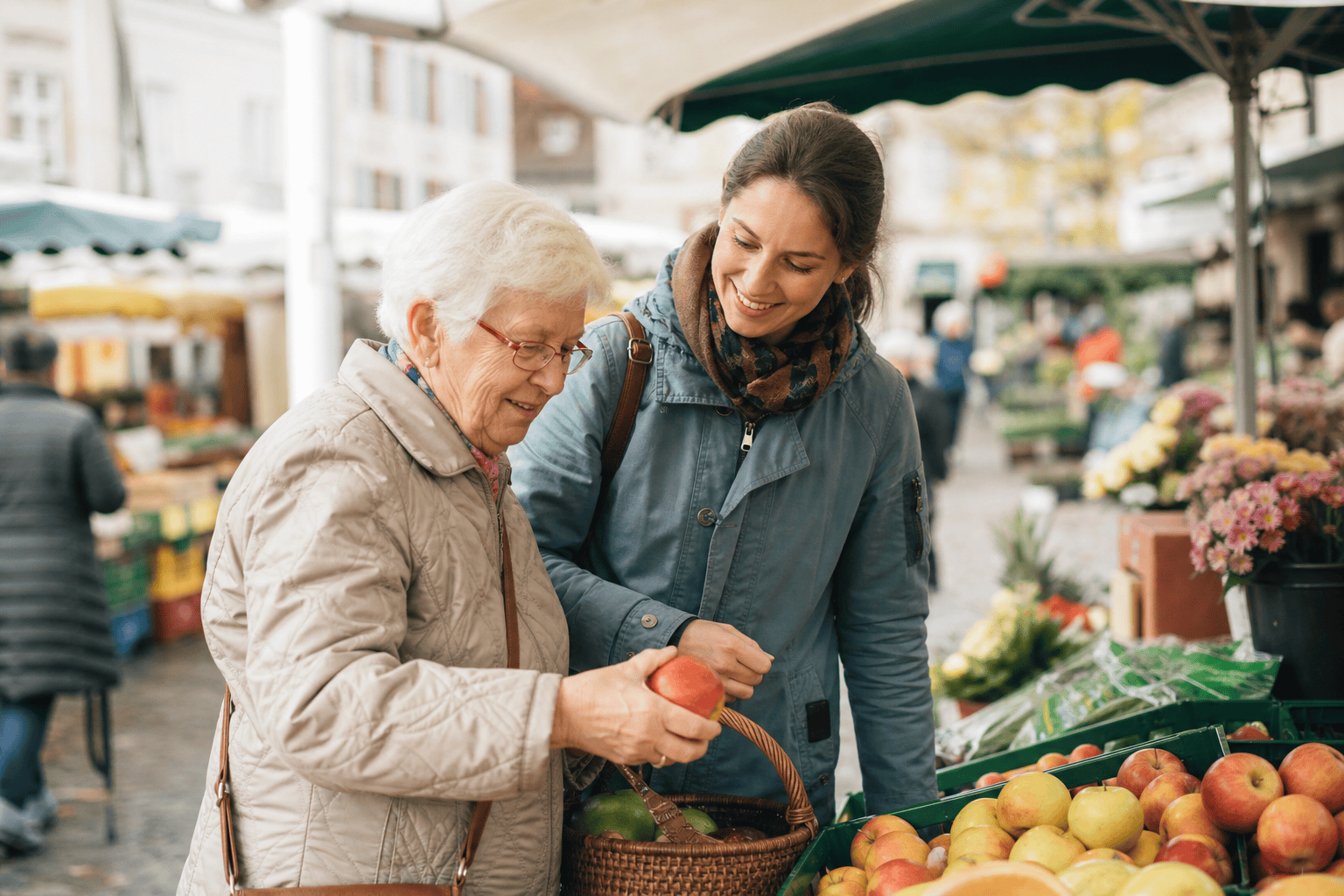 Ältere Person erledigt mit einer Begleitperson Einkäufe auf einem Wochenmarkt.