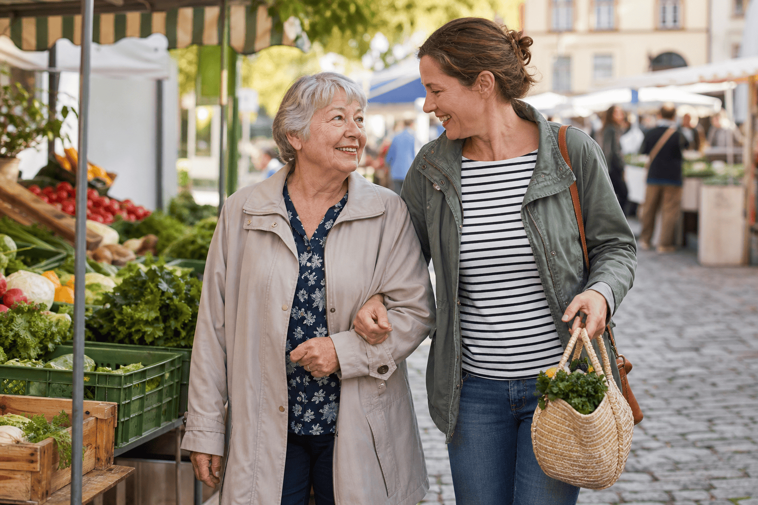 Ältere Person und Begleitperson beim gemeinsamen Einkauf auf einem Wochenmarkt