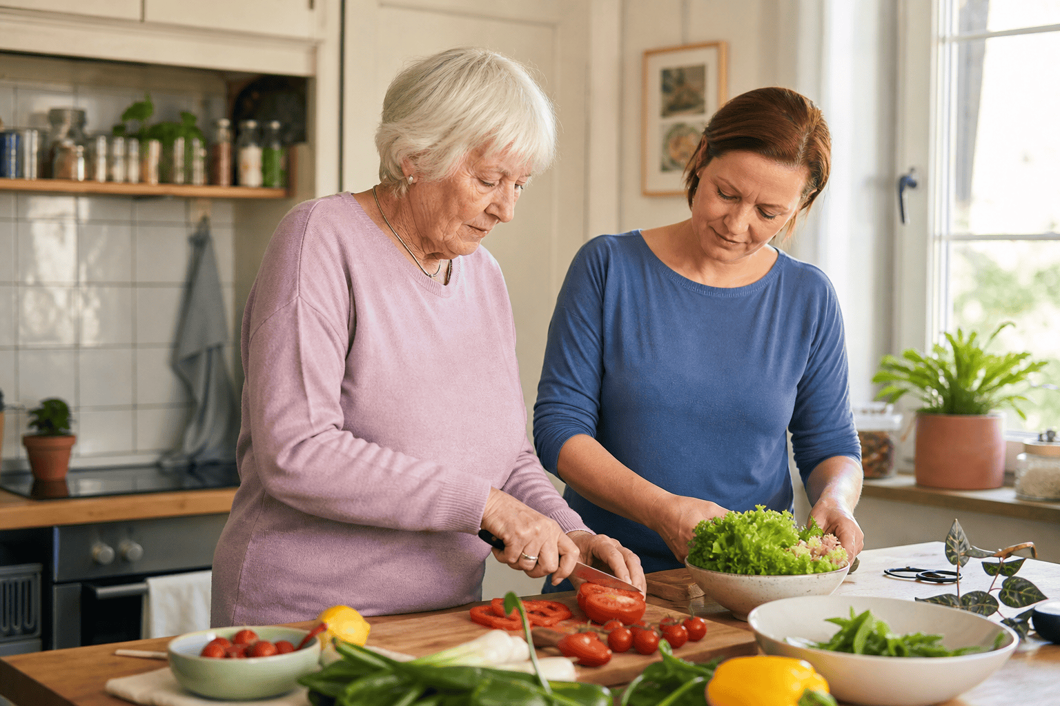 Ältere Person und Betreuungskraft bereiten gemeinsam eine Mahlzeit im eigenen Zuhause zu.