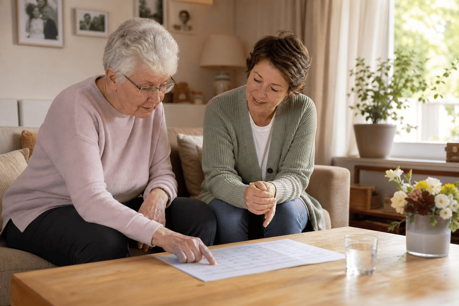 Älterer Mann und Angehörige planen gemeinsam Unterstützung für den Alltag zu Hause.