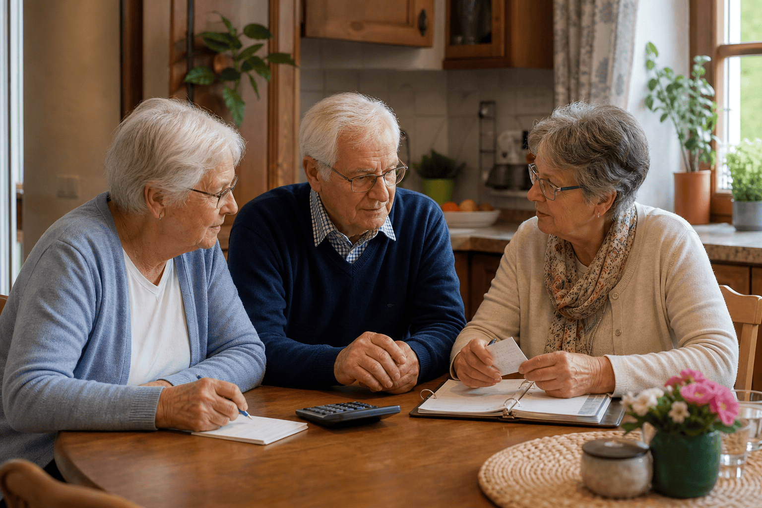 Ältere Mitbewohner besprechen Regeln und gemeinsame Ausgaben.