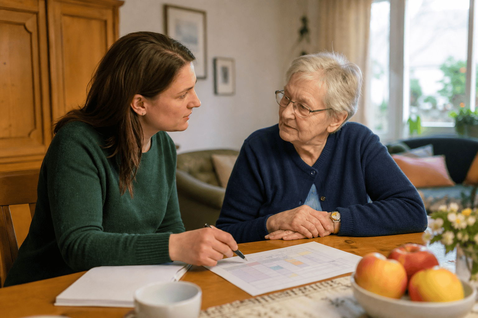 Ältere Person und Angehörige besprechen Unterstützung für den Alltag.