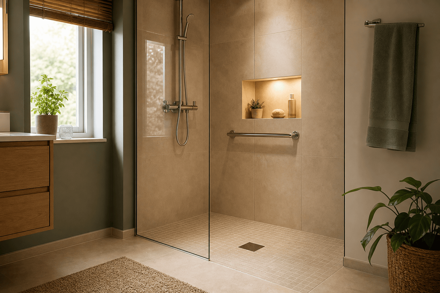 Bodengleiche Dusche mit rutschhemmendem Boden und Haltegriff
