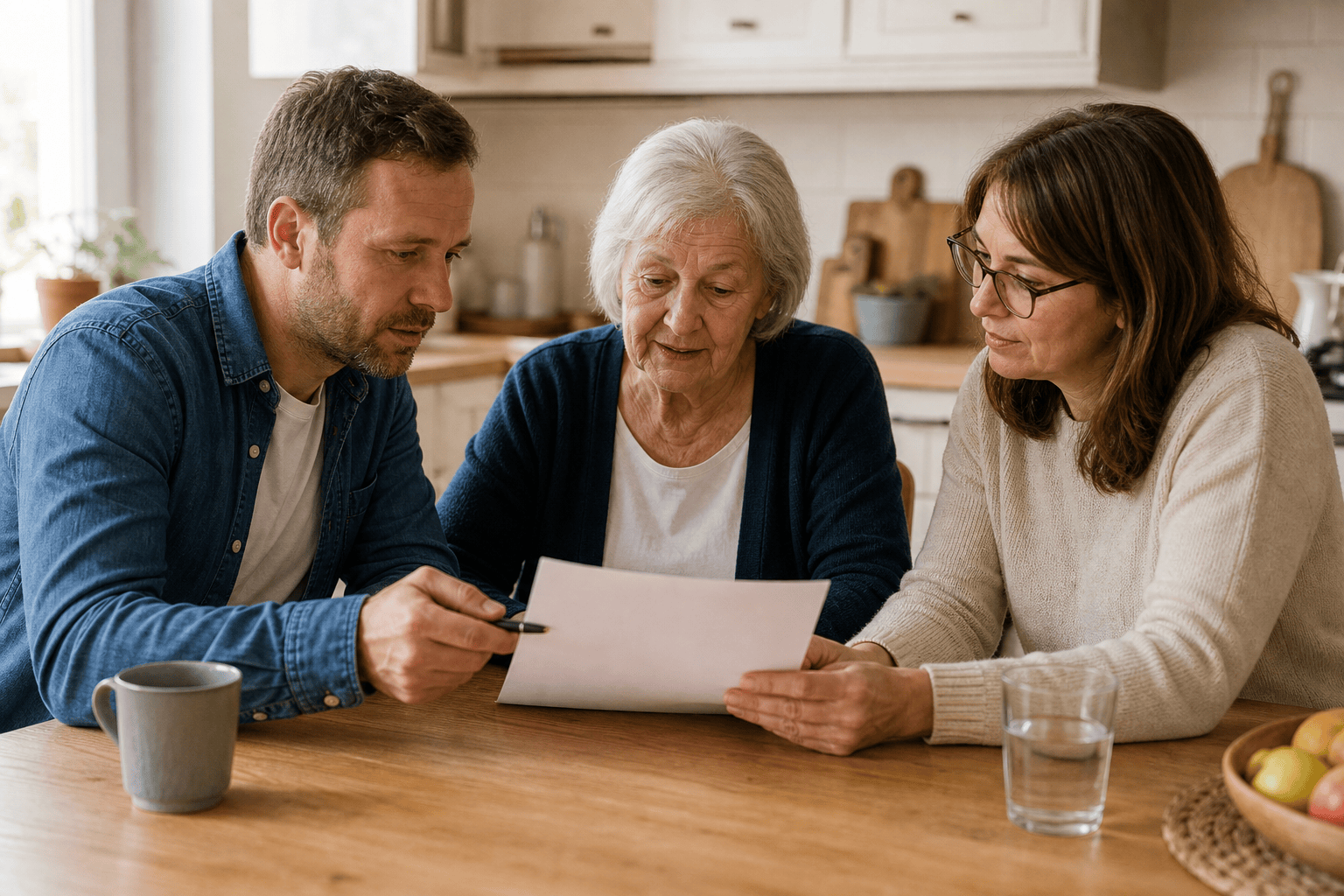 Angehörige und ältere Person besprechen zu Hause eine Checkliste
