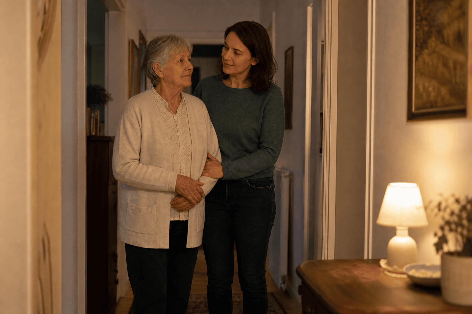 Angehörige begleitet eine ältere Person bei gedämpftem Licht in einer vertrauten Wohnung.