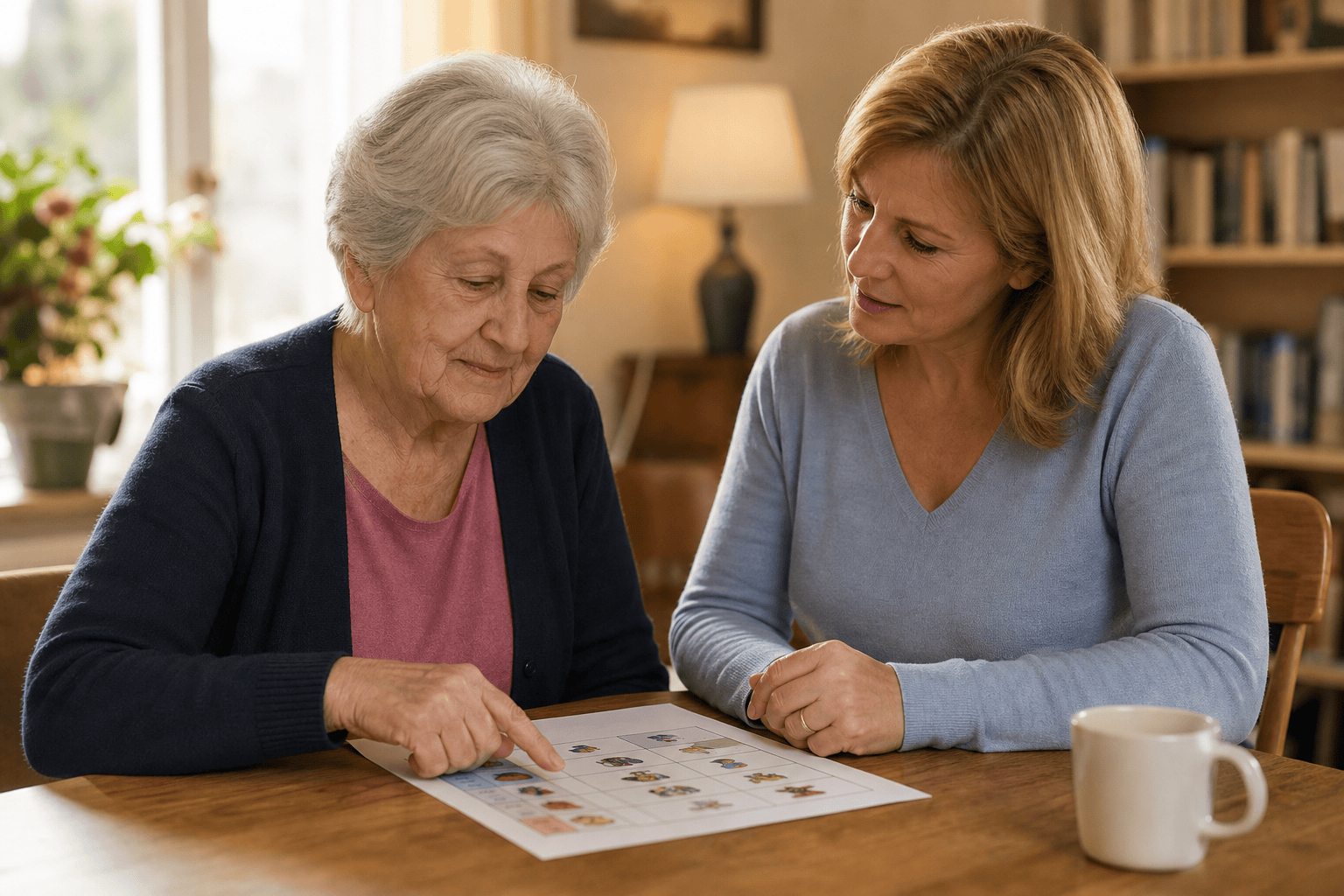 Ältere Person und Angehörige besprechen gemeinsam einen ruhigen Tagesablauf.