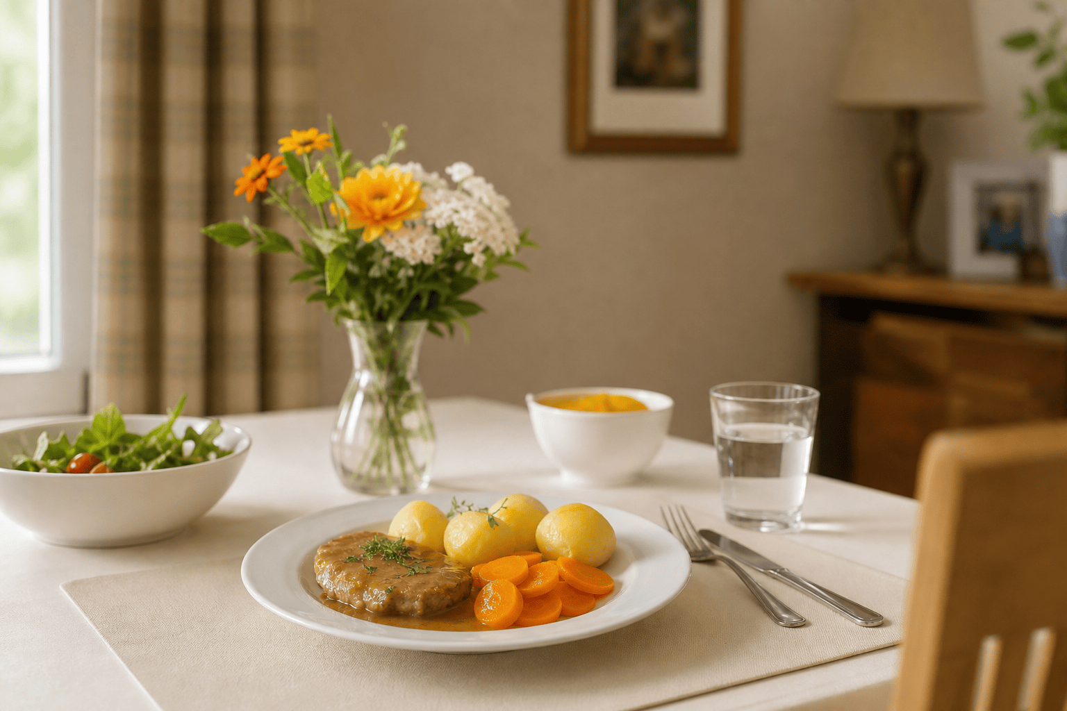 Kleine appetitlich angerichtete Portion auf einem gedeckten Tisch
