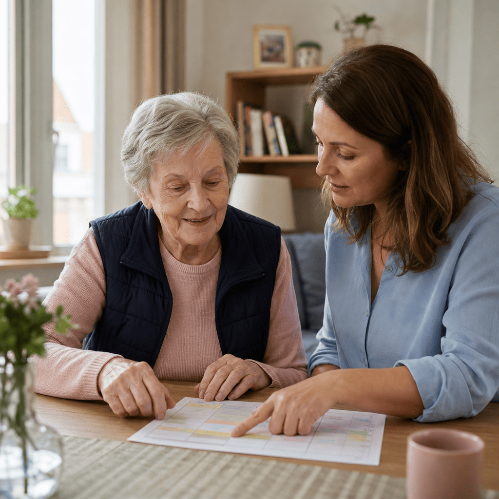 Seniorin und Angehörige planen gemeinsam den Betreuungsalltag zu Hause.