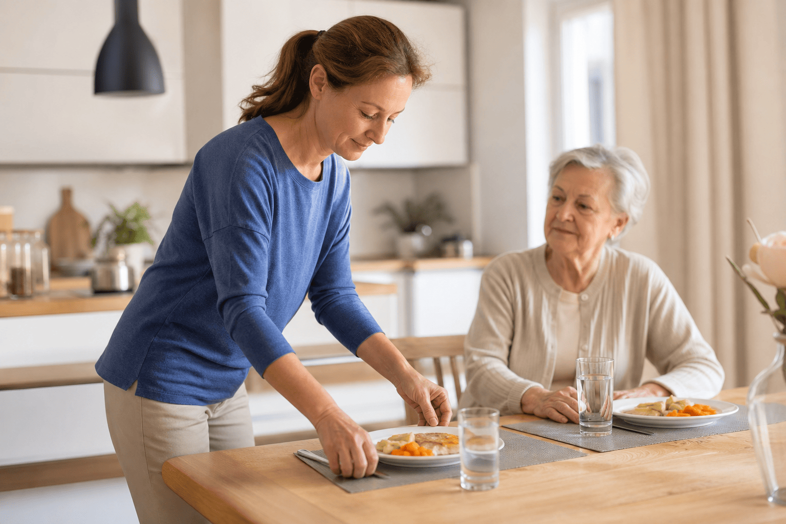 Angehörige bereitet einen ruhigen Esstisch mit kleiner Mahlzeit und Wasserglas vor