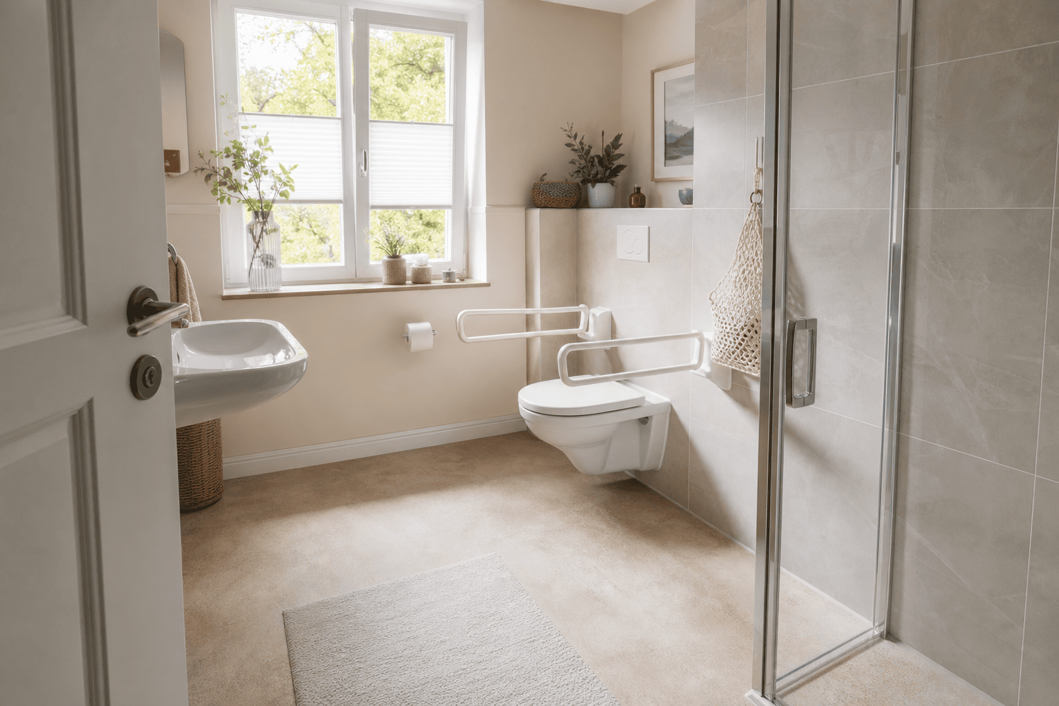 Helles Bad mit stabilen Haltegriffen an der Toilette und freiem Bewegungsraum.