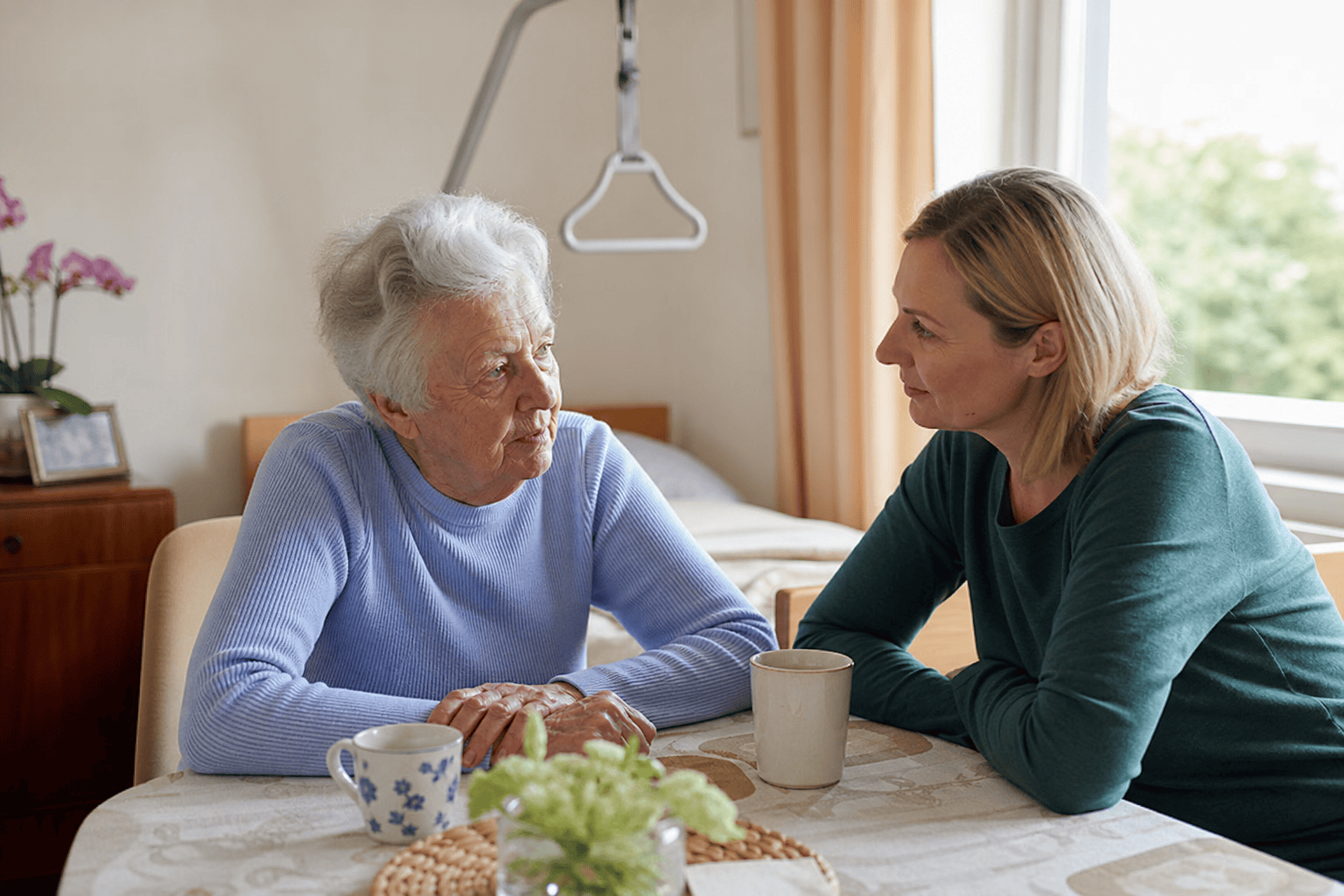 Ältere Person und Angehörige besprechen gemeinsam die sichere Auswahl einer Aufstehhilfe.