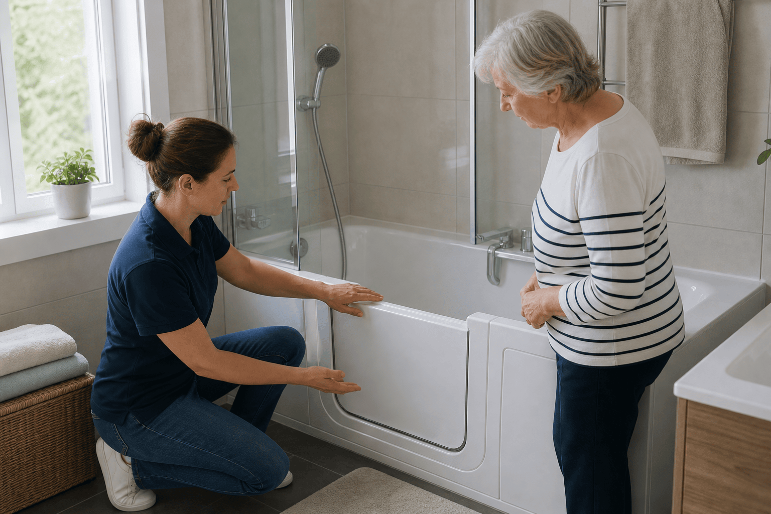 Fachperson erklärt einer älteren Frau die Planung einer Badewanne mit Tür.