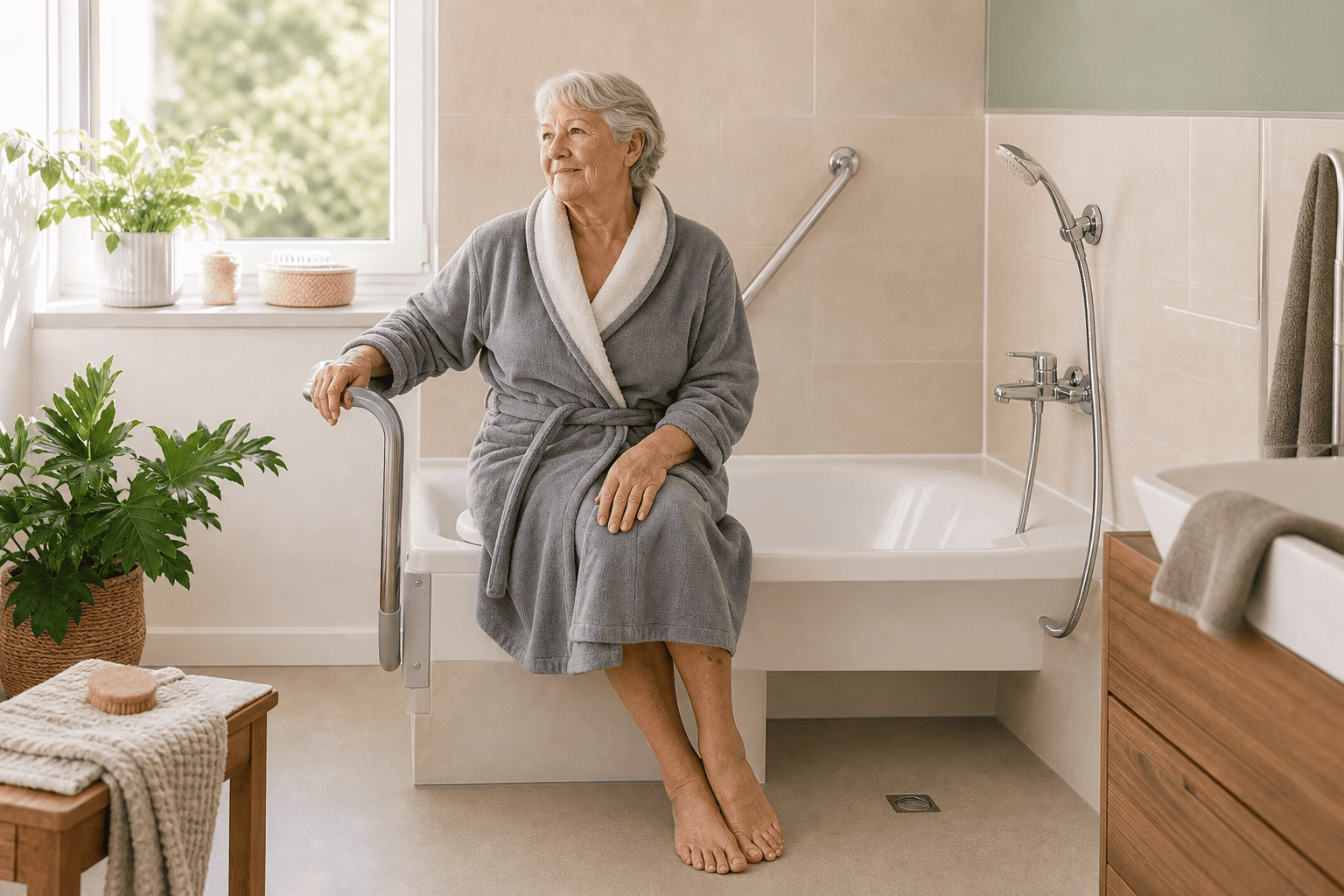 Ältere Frau nutzt einen stabilen Sitz und Haltegriff an der Badewanne.