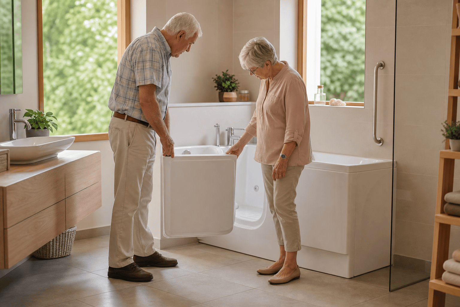 Älteres Paar vergleicht eine Badewanne mit seitlicher Tür im Badezimmer.