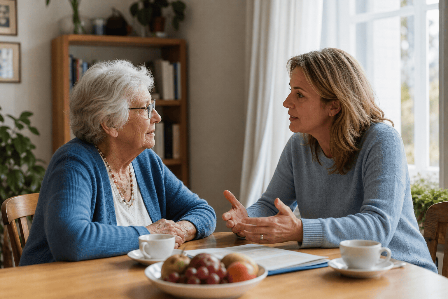 Ältere Person und Angehörige besprechen passende Alltagshilfen