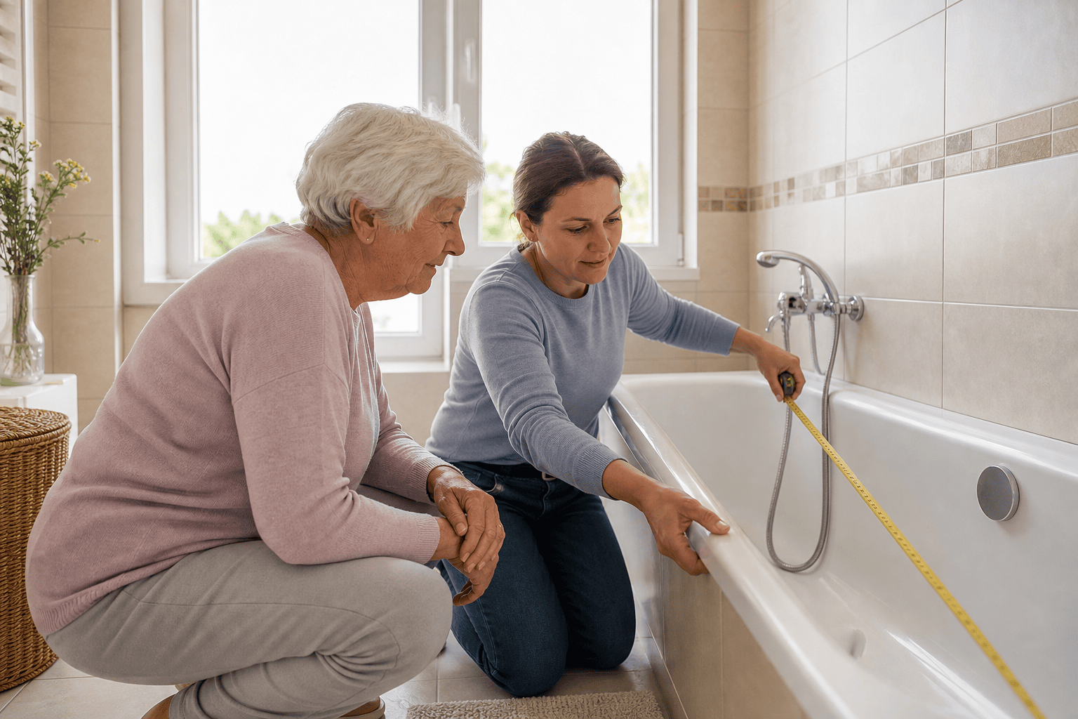 Angehörige und ältere Person messen gemeinsam eine Badewanne aus