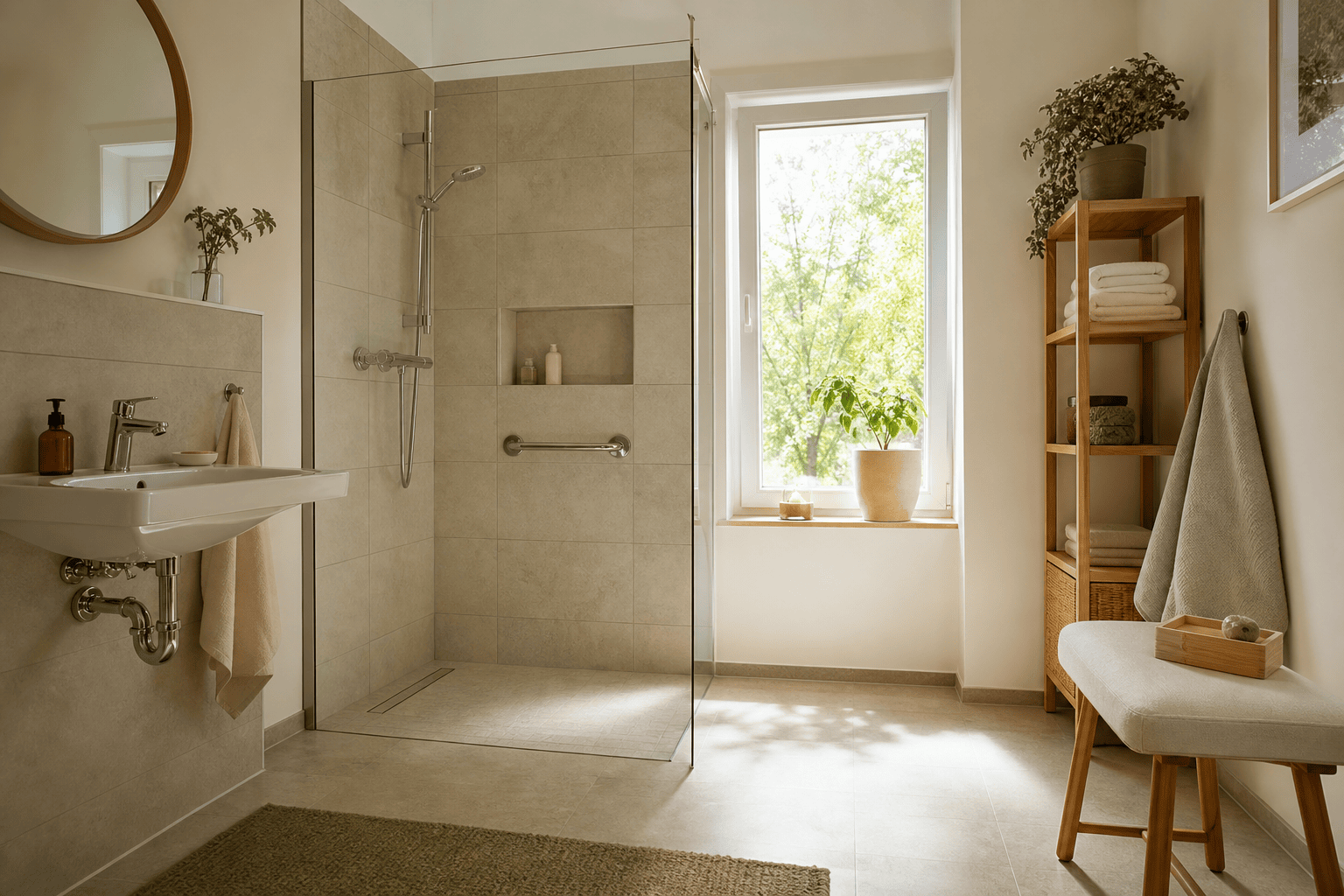 Helles Badezimmer mit bodengleicher Dusche und freiem Bewegungsweg.