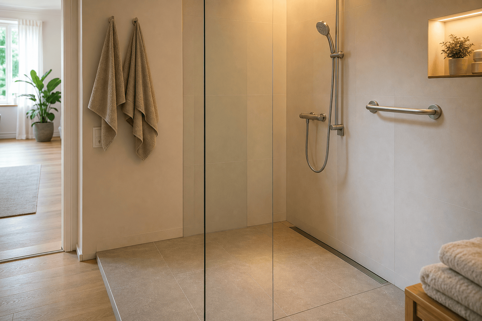 Barrierefreie Dusche mit rutschhemmendem Boden, Haltegriff und schwellenarmem Zugang.