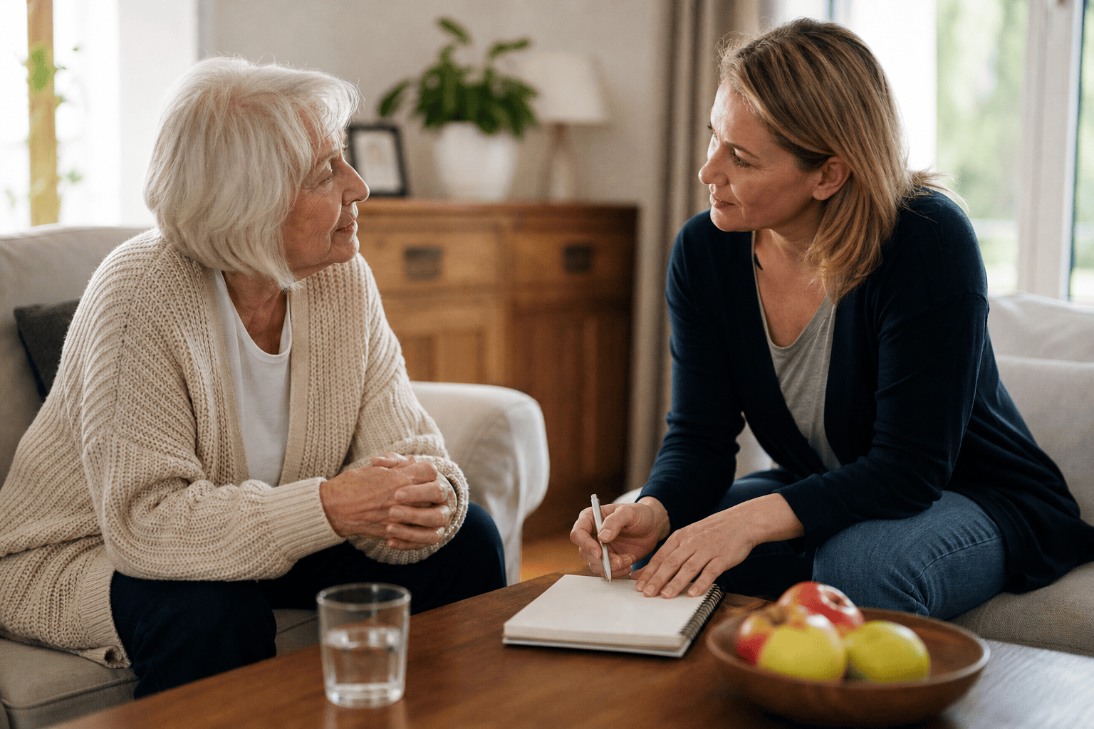 Ältere Person und Angehöriger besprechen gemeinsam den Alltag