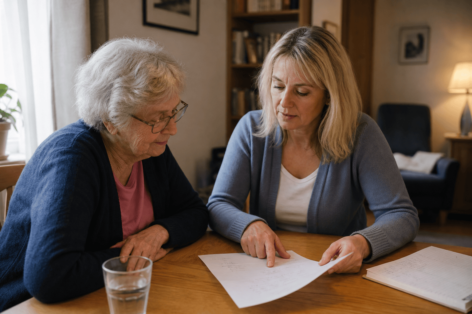 Angehörige und ältere Person ordnen gemeinsam Prioritäten für die Unterstützung zu Hause