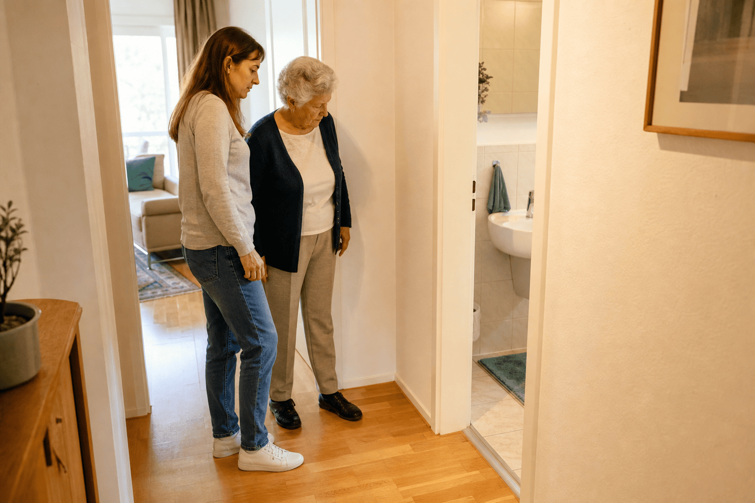 Angehörige und ältere Person prüfen gemeinsam die Wege in der Wohnung