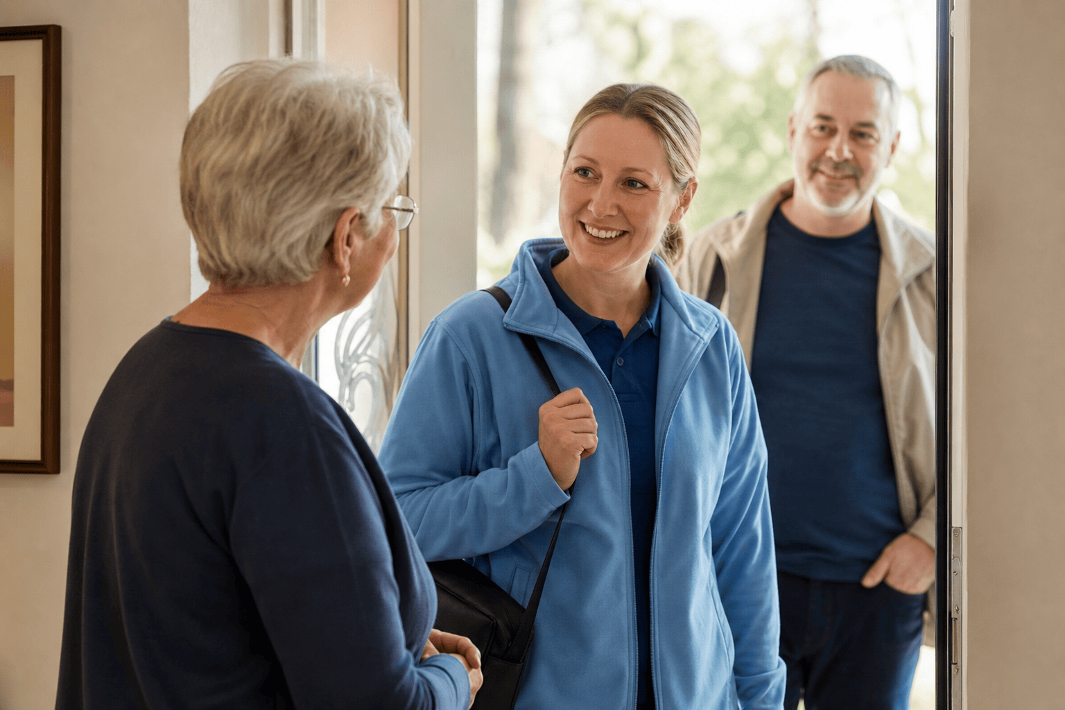 Pflegefachkraft eines ambulanten Pflegedienstes besucht eine ältere Person zu Hause.