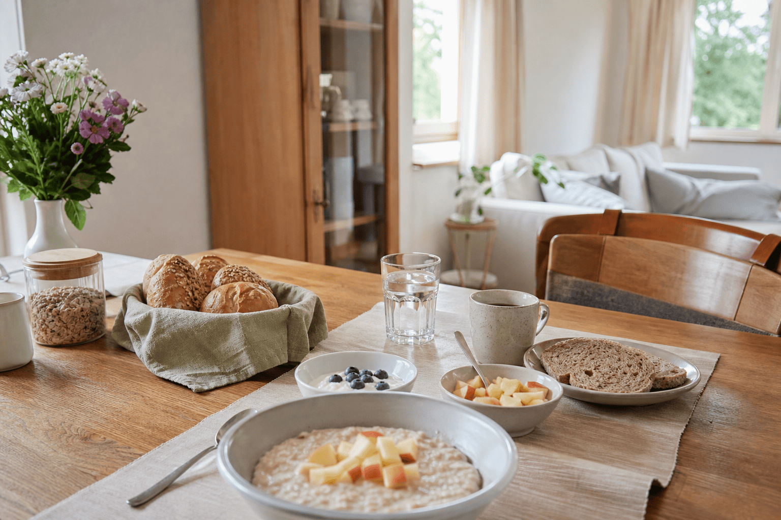 Ausgewogenes Frühstück mit Haferbrei, Obst, Brot und Getränk.
