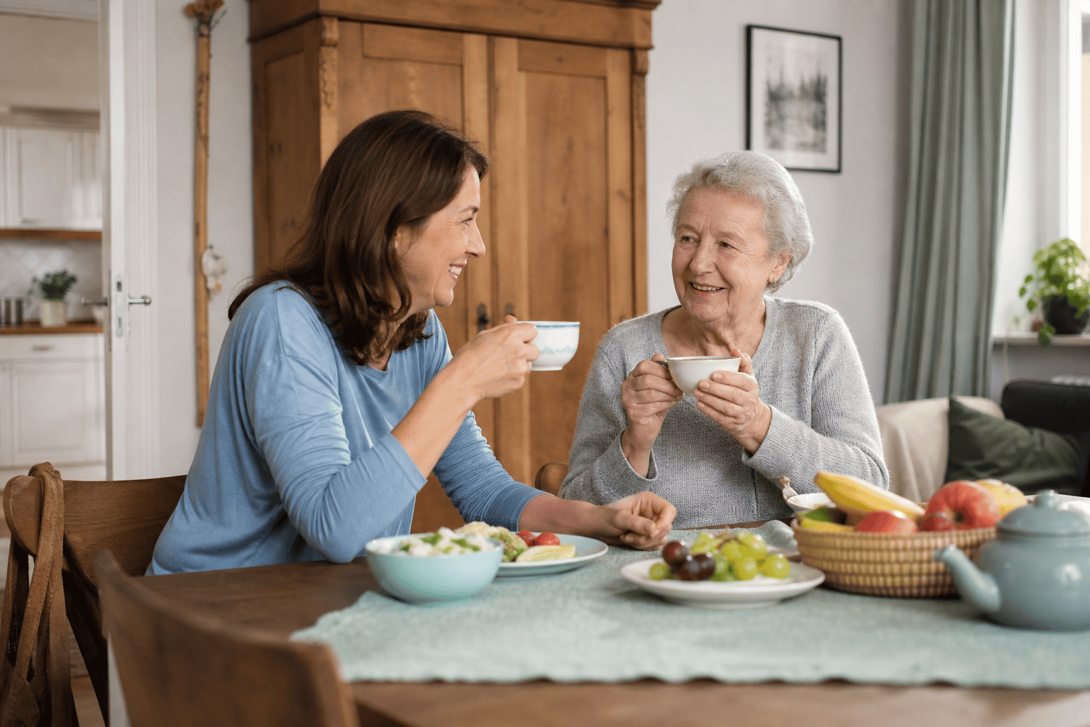 Ältere Person und Angehörige trinken gemeinsam Tee am Esstisch.