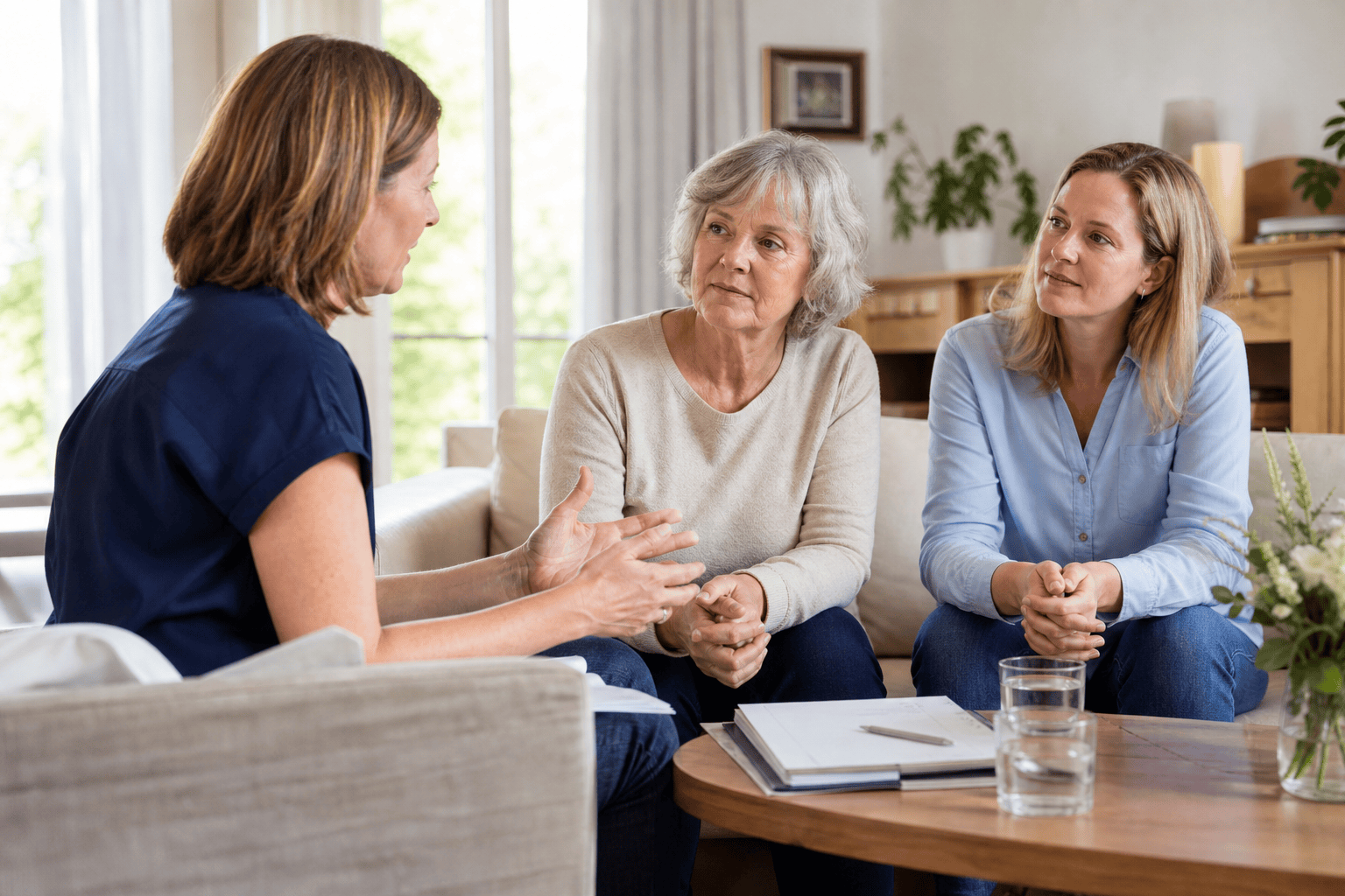 Pflegefachperson bespricht den Pflegealltag mit Angehörigen und älterer Person