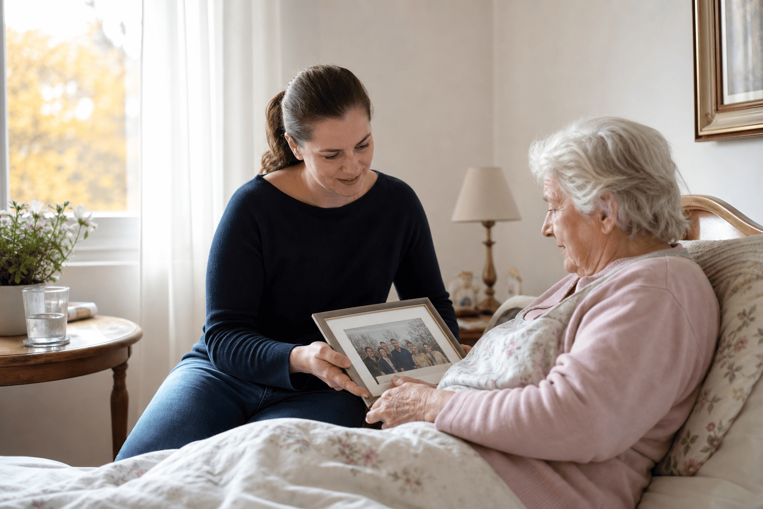 Angehörige zeigt einer älteren Person im Bett ein Familienfoto