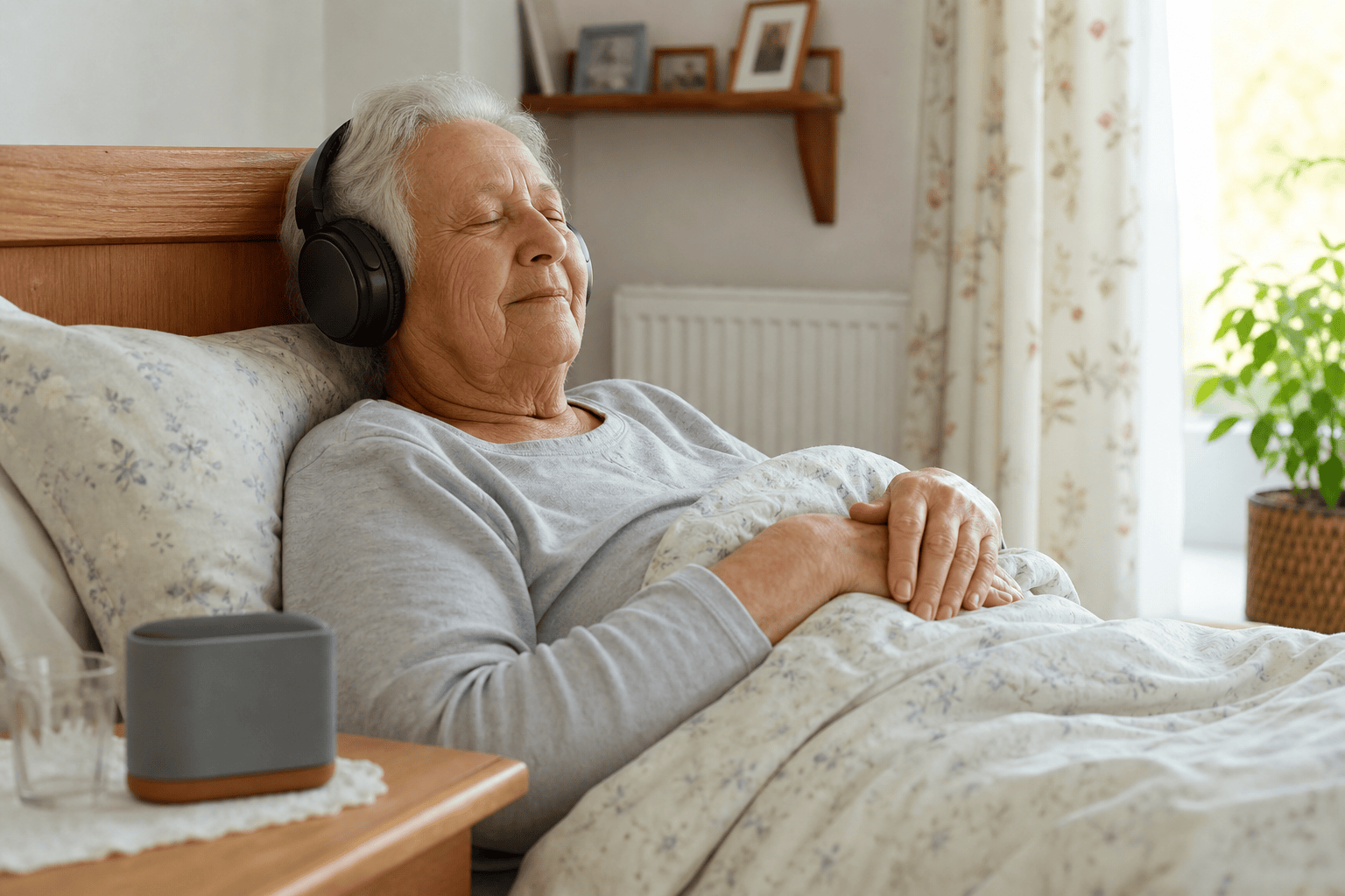 Ältere Person hört entspannt Musik im Bett