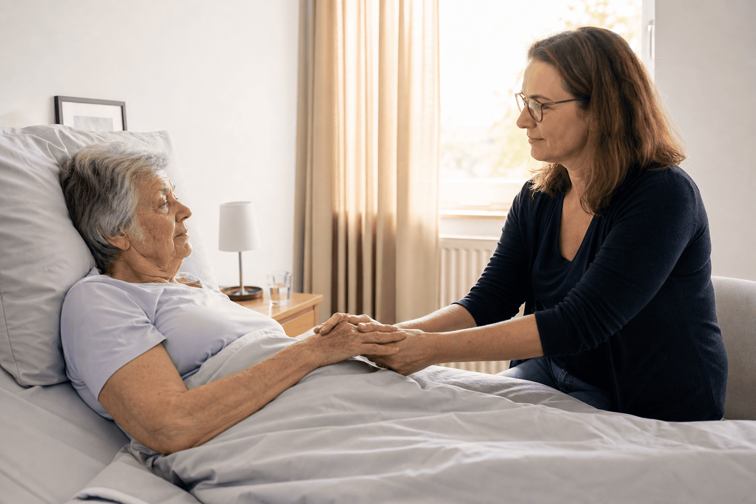 Angehörige sitzt ruhig am Bett und hält die Hand einer älteren Person