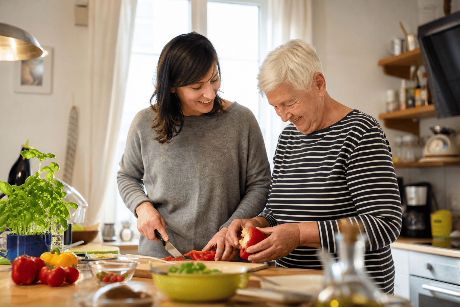 Ältere Person und Betreuungsperson bereiten gemeinsam eine Mahlzeit zu.