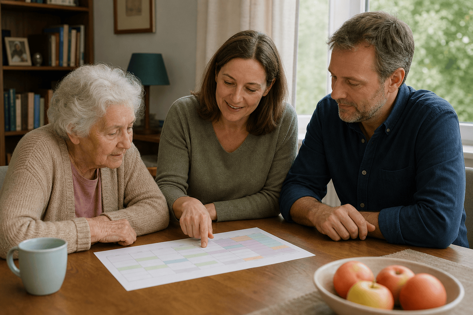 Ältere Person und Angehörige besprechen gemeinsam einen Wochenplan.