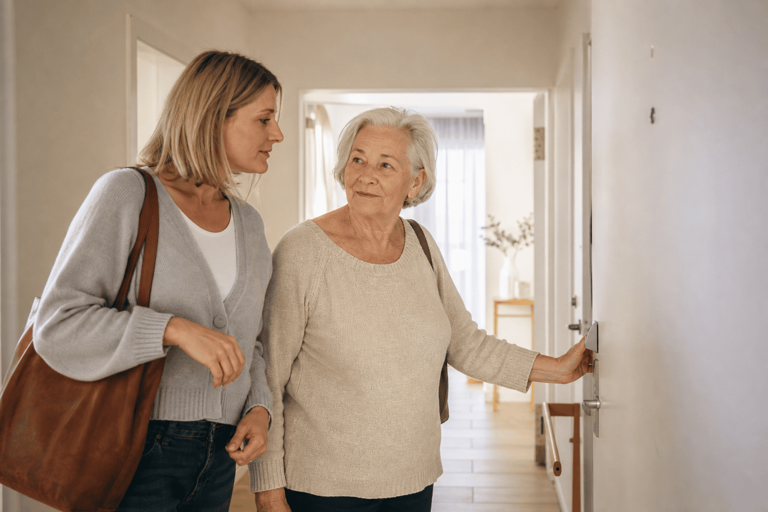 Ältere Frau und Tochter besichtigen eine barrierearme Wohnung
