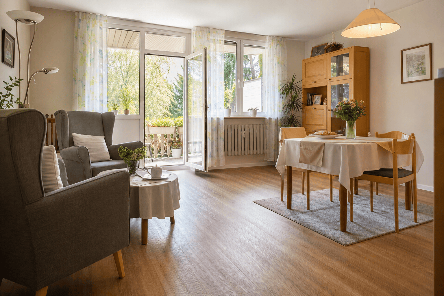 Heller barrierearmer Wohnbereich einer Wohnung im Betreuten Wohnen.