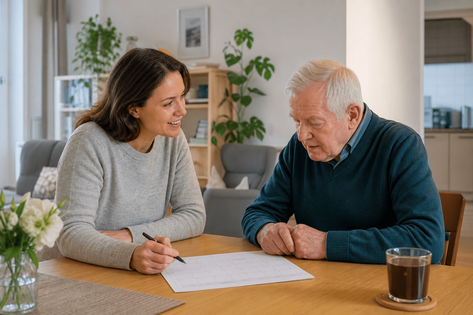 Älterer Mann und Angehörige besprechen die Unterstützung im Alltag.