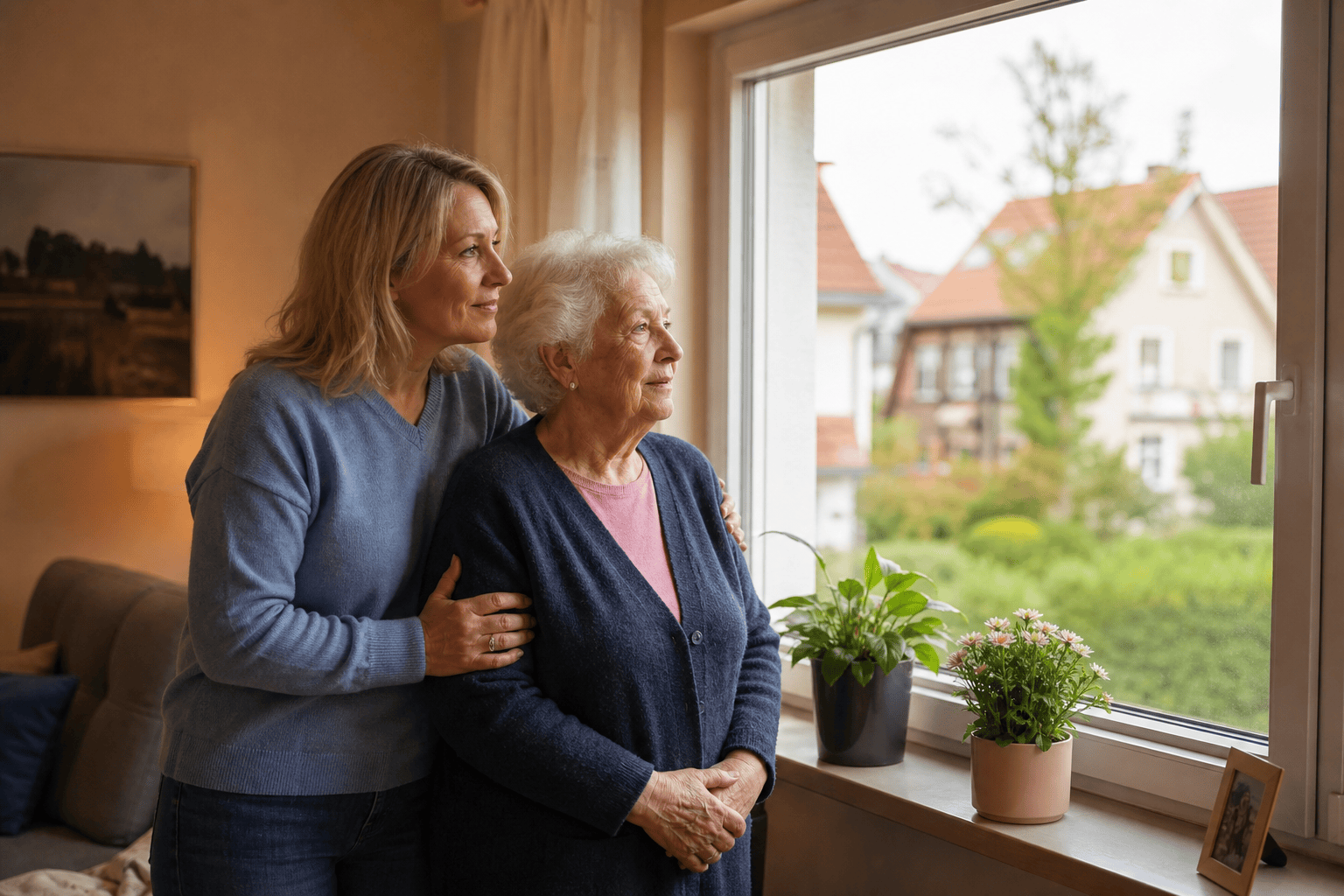 Ältere Frau und Angehöriger betrachten gemeinsam die vertraute Umgebung.