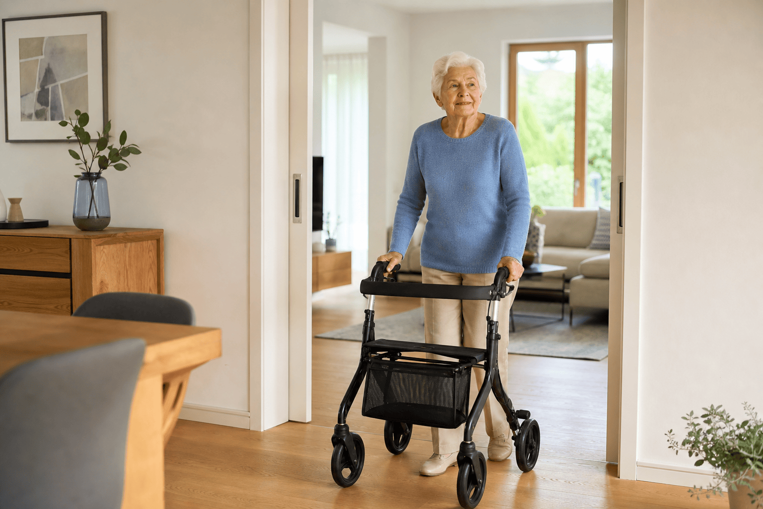 Ältere Person bewegt sich mit Rollator sicher durch eine barrierearme Wohnung