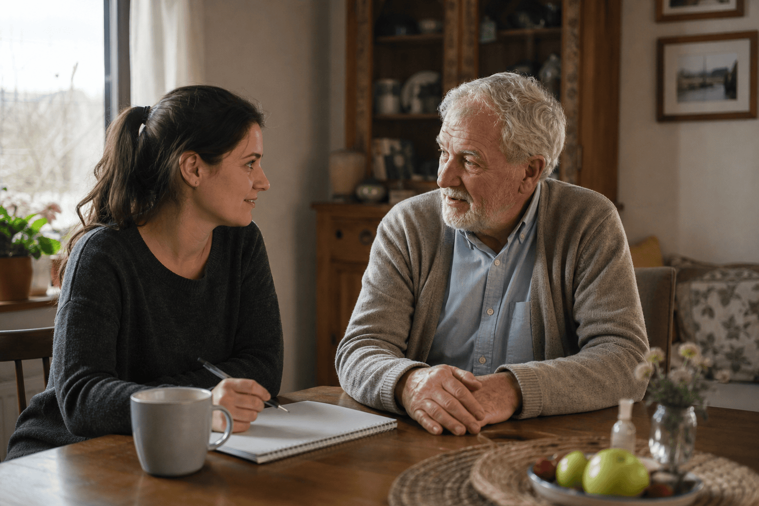 Älterer Mann und seine Tochter besprechen gemeinsam den Unterstützungsbedarf