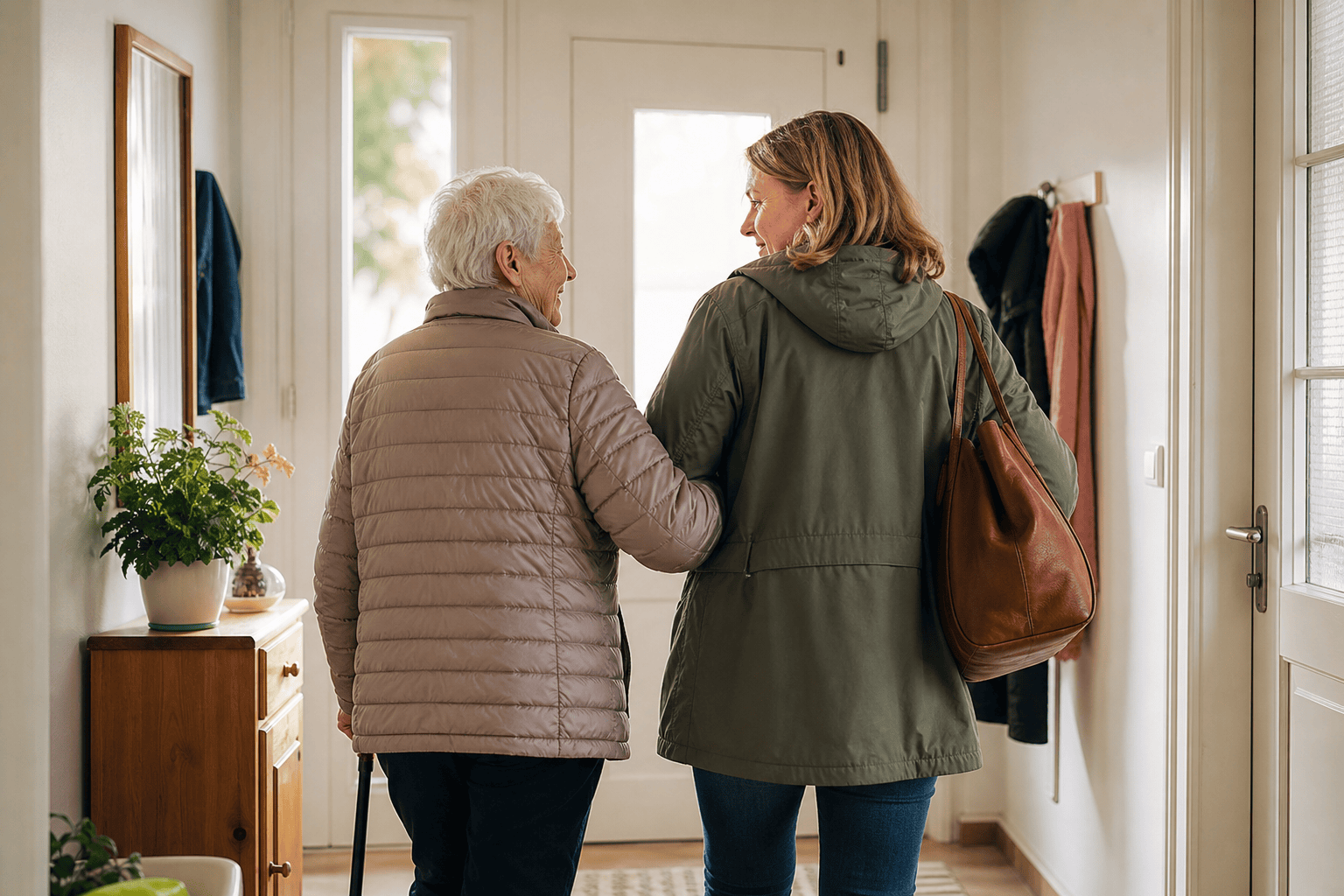 Ältere Person und Begleitperson starten gemeinsam in den Alltag.