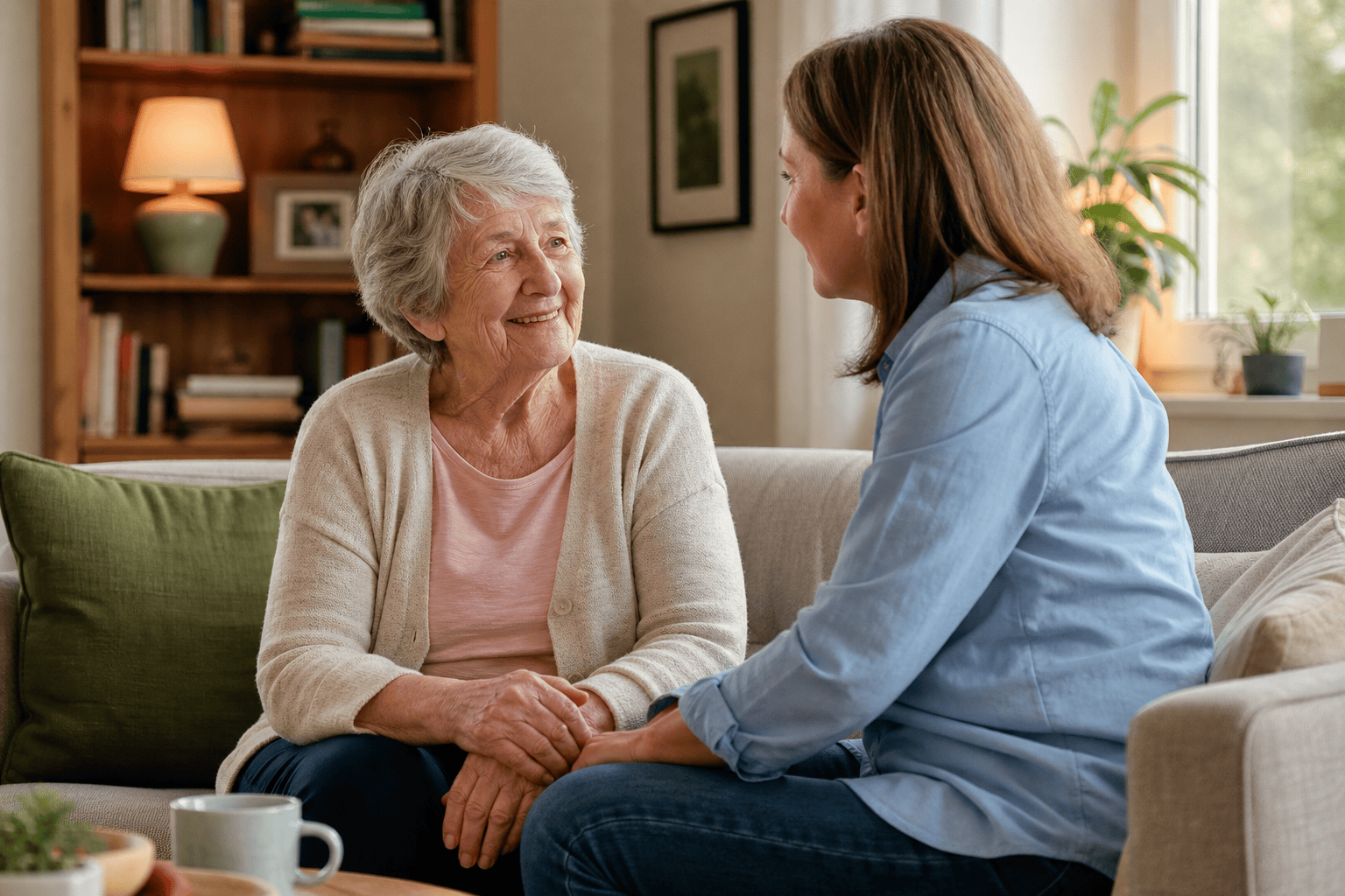 Ältere Person und Angehörige besprechen Unterstützung zu Hause.